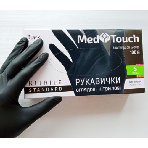 Рукавиці нітрилові непудровані, чорні, MedTouch, S,100 шт