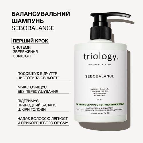 Балансувальний шампунь для жирного  волосся і шкіри голови Sebobalance Triology.